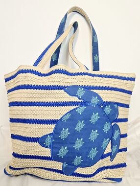 Vera Bradley Straw Beach Tote Turtle Coastal Summer Bag Blue Tan Large Pool Reso